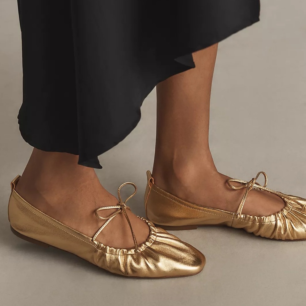 NWT Anthropologie Leather Ballet Tie Ballerina Flats Gold